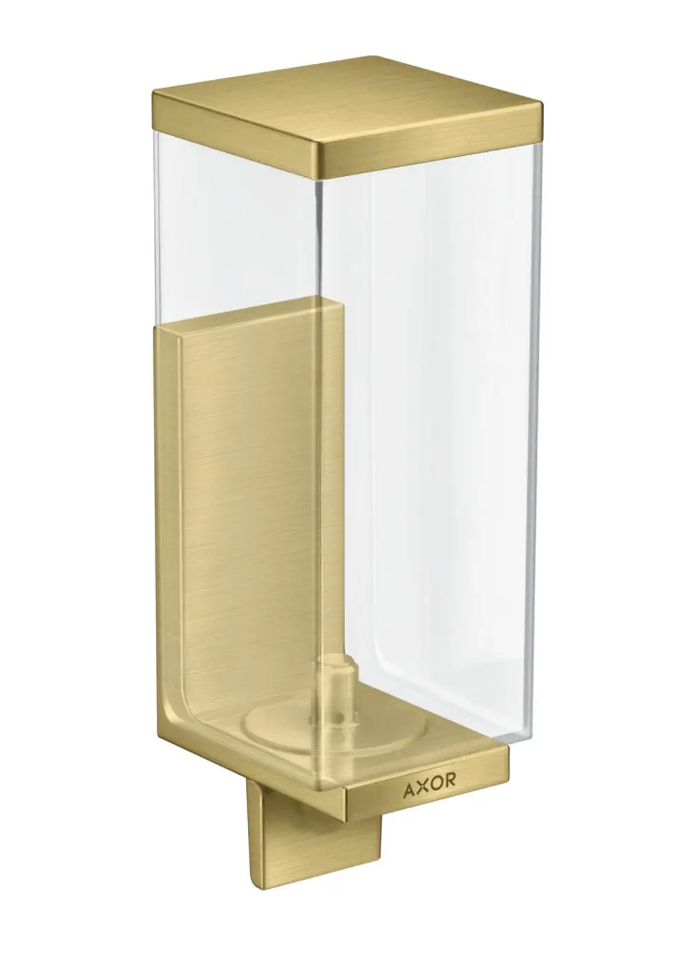 Transparenter Lotionspender mit brushed brass Halterung, montiert an der Wand. Hersteller: AXOR. Minimalistisches Design mit rechteckiger Form.